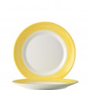 Arcoroc Teller aus der Serie Brush mit einem gelb-farbigen Streifendekor und einem Durchmesser von 195 millimeter sind perfekt geeignet als Frühstücksteller beziehungsweise Kuchenteller im Kindergarten oder Altenheim