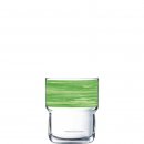 Arcoroc stapelbares Trinkglas aus der Serie Brush mit einem grün-farbigen Dekorstreifen und einem Fassungsvermögen von siebenundzwanzig Zentiliter passend zu der Serie Brush Green