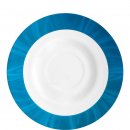 Untertasse aus der Serie Natura Blue, weißes Geschirr mit einem blauen Dekor auf dem Rand der Untertasse