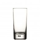 Geeichtes Longdrinkglas in zylindrischer Form mit einer Luftblase in dem stabilen Eisboden