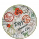 Dekorierter Pizzateller mit Weltkarte und  dekoriert, Schriftzug Pizza anywhere you like. Teller Durchmesser 33 cm