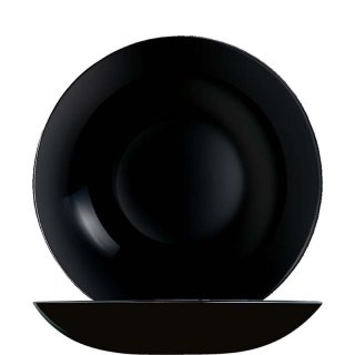 Schwarzer runder tiefer Glasteller aus Opalglas in Coupform ohne breiten Rand
