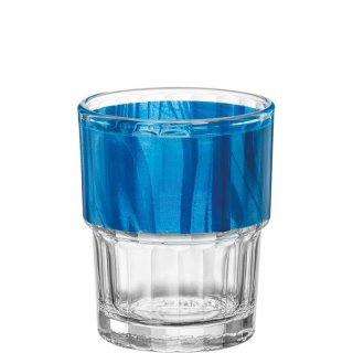 Lyon Optique Tumbler stapelbar aus der Serie Natura Blue, transparentes Wasserglas mit einem Stapelrand und mit einem blauen rundum Dekor am oberen Rand