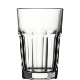 Geeichtes robustes Trinkglas in leicht konischer Form der obere Teil des Glases ist rund und der untere Teil ist eckig
