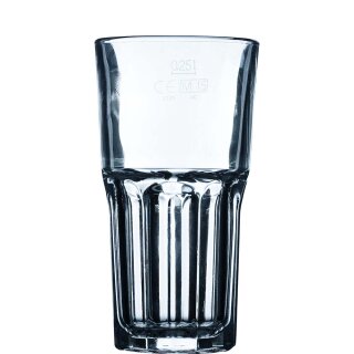 Geeichtes und stapelbares Longdrinkglas Granity von Arcoroc mit einem Inhalt von 31 Zentiliter und Füllstrich bei 0,25 Liter