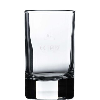 Kleines Glas von Arcoroc aus der Serie Islande mit einem Inhalt von zehn Zentiliter und einem Füllstrich bei fünf Zentiliter