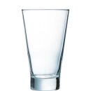 Konisches Trinkglas mit dickem Boden aus der Serie Stack Up von dem französischen Glas Hersteller Arcoroc mit einem Fassungsvermögen von dreihundertfünfzig Milliliter 
