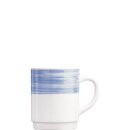 Weißer kaffeebecher aus opalglas mit breitem blauem...