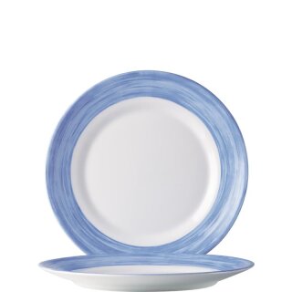 Arcoroc Teller aus der Serie Brush mit einem blau-farbigen Streifendekor und einem Durchmesser von 195 millimeter sind perfekt geeignet als Frühstücksteller beziehungsweise Kuchenteller im Kindergarten oder Altenheim