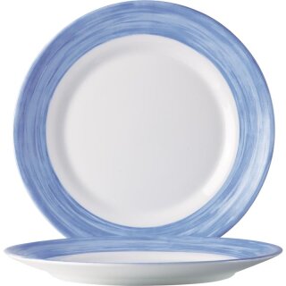 Arcoroc Essteller aus der Serie Brush mit einem blau-farbigen Streifendekor und einem Durchmesser von 254 millimeter sind als flacher Teller ideal für Kantinen oder Seniorenheime