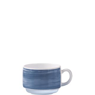 Arcoroc Kaffeetasse aus der Serie Brush mit einem dunkelblau-farbigen Streifendekor und einem Fassungsvermögen von neunzehn Zentiliter sind perfekt geeignet für Schule beziehungsweise Kindergarten oder Altenheim