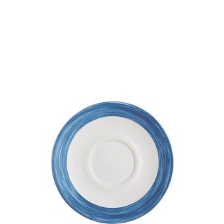 Arcoroc Untertasse aus der Serie Brush mit einem dunkelblau-farbigen Streifendekor und einem Durchmesser von 145 millimeter passend zu der Suppentasse und Kaffeetasse Brush Blue Jean