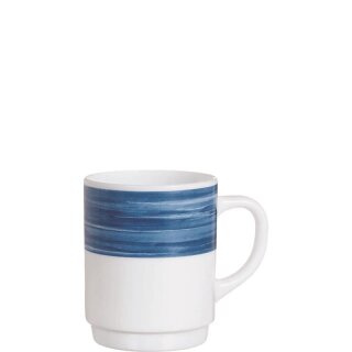 Arcoroc Kaffeebecher aus der Serie Brush mit einem dunkelblau-farbigen Streifendekor und einem Fassungsvermögen von fünfundzwanzig Zentiliter sind die ideale Lösung für Kantine oder Altenheim