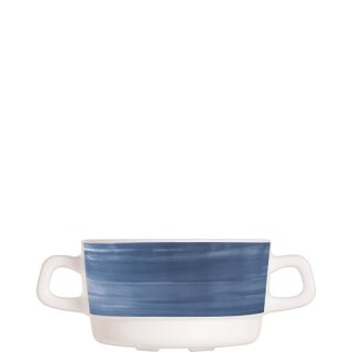 Arcoroc Suppentasse mit zwei Henkel aus der Serie Brush mit einem dunkelblau-farbigen Streifendekor und einem Fassungsvermögen von zweiunddreißig Zentiliter sind die ideale Lösung für Seniorenheim oder Kantine