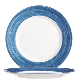 Arcoroc Essteller aus der Serie Brush mit einem dunkelblau-farbigen Streifendekor und einem Durchmesser von 235 millimeter sind die ideale Lösung für Kindergarten oder Altenheim