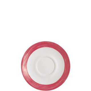 Arcoroc Untertasse aus der Serie Brush mit einem rot-farbigen Streifendekor und einem Durchmesser von 145 millimeter passend zu der Suppentasse und Kaffeetasse Brush Cherry