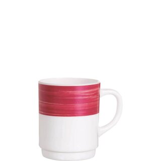 Arcoroc Kaffeebecher aus der Serie Brush mit einem rot-farbigen Streifendekor und einem Fassungsvermögen von fünfundzwanzig Zentiliter sind die ideale Lösung für Kantine oder Altenheim