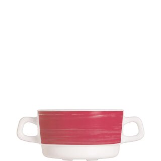 Arcoroc Suppentasse mit zwei Henkel aus der Serie Brush mit einem rot-farbigen Streifendekor und einem Fassungsvermögen von zweiunddreißig Zentiliter sind die ideale Lösung für Seniorenheim oder Kantine