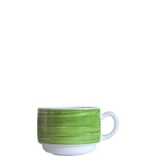 Arcoroc Kaffeetasse aus der Serie Brush mit einem grün-farbigen Streifendekor und einem Fassungsvermögen von neunzehn Zentiliter sind die ideale Lösung für Kindergarten in der Schule oder im Altenheim