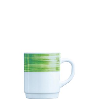 Arcoroc Kaffeebecher aus der Serie Brush mit einem grün-farbigen Streifendekor und einem Fassungsvermögen von fünfundzwanzig Zentiliter sind die ideale Lösung für Kantine oder Altenheim