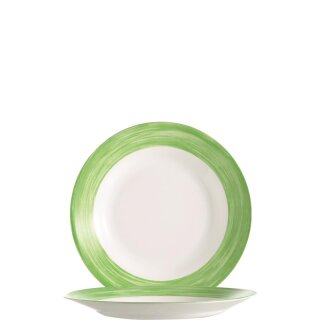 Arcoroc Tellerchen aus der Serie Brush mit einem grün-farbigen Streifendekor und einem Durchmesser von 155 millimeter sind die ideal als Obsttellerchen oder Snacktellerchen im Kindergarten oder Altenheim