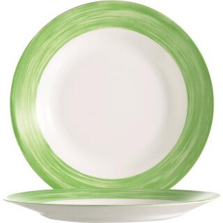 Arcoroc Essteller aus der Serie Brush mit einem grün-farbigen Streifendekor und einem Durchmesser von 254 millimeter sind als flacher Teller ideal für Kantinen oder Seniorenheime