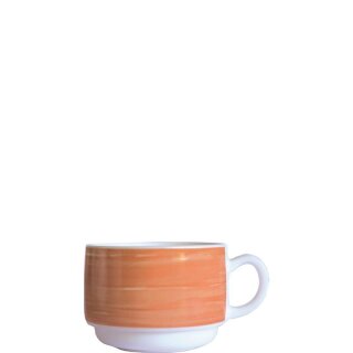 Arcoroc Kaffeetasse aus der Serie Brush mit einem orange-farbigen Streifendekor und einem Fassungsvermögen von neunzehn Zentiliter sind die ideale Lösung für Kantine oder Seniorenheim