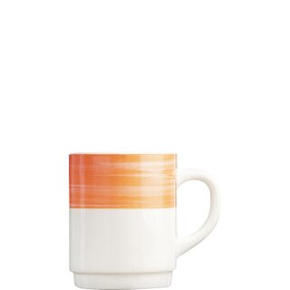 Arcoroc Kaffeebecher aus der Serie Brush mit einem orange-farbigen Streifendekor und einem Fassungsvermögen von fünfundzwanzig Zentiliter sind die ideale Lösung für Kantine oder Altenheim