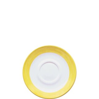 Arcoroc Untertasse aus der Serie Brush mit einem gelb-farbigen Streifendekor und einem Durchmesser von 145 millimeter passend zu der Suppentasse und Kaffeetasse Brush Yellow