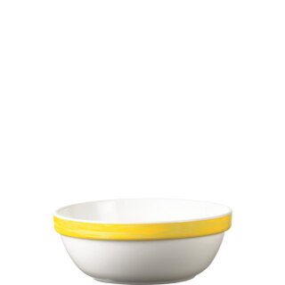 Arcoroc Schälchen aus der Serie Brush mit einem gelb-farbigen Streifendekor und einem Durchmesser von zwölf Zentimeter sind perfekt geeignet als Müslischale oder Dessertschale im Kindergarten oder Altenheim