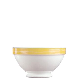 Arcoroc Suppenschale aus der Serie Brush mit einem gelb-farbigen Streifendekor und einem Fassungsvermögen von einundfünfzig Zentiliter sind die ideale Lösung für Kantine oder Altenheim