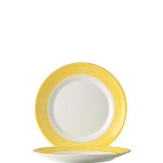 Arcoroc Tellerchen aus der Serie Brush mit einem gelb-farbigen Streifendekor und einem Durchmesser von 155 millimeter sind die ideal als Obsttellerchen oder Snacktellerchen im Kindergarten oder Altenheim