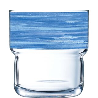 Arcoroc stapelbares Trinkglas aus der Serie Brush mit einem blau-farbigen Dekorstreifen und einem Fassungsvermögen von zweiundzwanzig Zentiliter passend zu der Serie Brush Blue