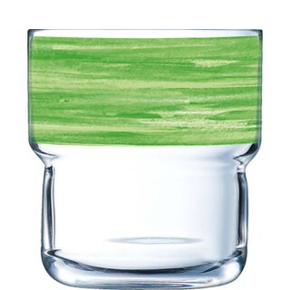 Arcoroc stapelbares Trinkglas aus der Serie Brush mit einem grün-farbigen Dekorstreifen und einem Fassungsvermögen von zweiundzwanzig Zentiliter passend zu der Serie Brush Green