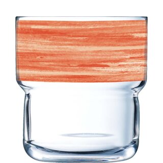 Arcoroc stapelbares Trinkglas aus der Serie Brush mit einem orange-farbigen Dekorstreifen und einem Fassungsvermögen von zweiundzwanzig Zentiliter passend zu der Serie Brush Orange