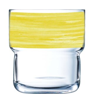 Arcoroc stapelbares Trinkglas aus der Serie Brush mit einem gelb-farbigen Dekorstreifen und einem Fassungsvermögen von zweiundzwanzig Zentiliter passend zu der Serie Brush Yellow
