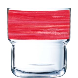 Arcoroc stapelbares Trinkglas aus der Serie Brush mit einem rot-farbigen Dekorstreifen und einem Fassungsvermögen von zweiundzwanzig Zentiliter passend zu der Serie Brush Cherry