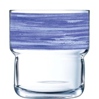 Arcoroc stapelbares Trinkglas aus der Serie Brush mit einem dunkelblau-farbigen Dekorstreifen und einem Fassungsvermögen von zweiundzwanzig Zentiliter passend zu der Serie Brush Blue Jean