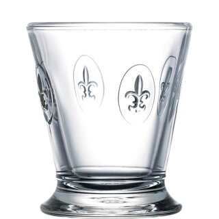 Konisches Trinkglas mit einem sehr stabilen Fuss und auf dem Kelch, im Glas wie ein Relief verarbeitet, 4 französische Lilien 