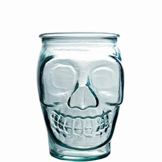 Trinkglas in Form eines Totenschädels beziehungsweise Totenkopfes hergestellt in Spanien aus recyceltem Glas