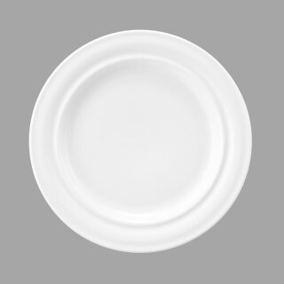 Porzellan Teller flach in weiß mit einem gut greifbaren breiten Tellerrand
