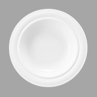 Porzellan Teller tief in weiß mit einem gut greifbaren breiten Tellerrand und einen nach außen gewölbten Spiegelrand