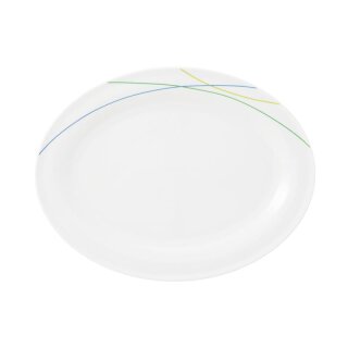 Porzellan Platte oval weiß dekoriert mit drei Linien in grün blau gelb Länge einunddreißig zentimeter