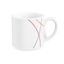Kaffeebecher Porzellan weiß dekoriert mit drei Linien in rot orange grau Inhalt achtundzwanzig zentiliter