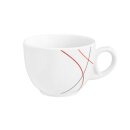Kaffeetasse Porzellan weiß konische Form dekoriert mit drei Linien in rot orange grau Inhalt achtzehn zentiliter