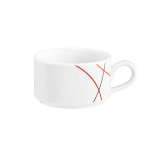 Espressotasse Porzellan weiß stapelbar dekoriert mit drei Linien in rot orange grau Inhalt neun zentiliter
