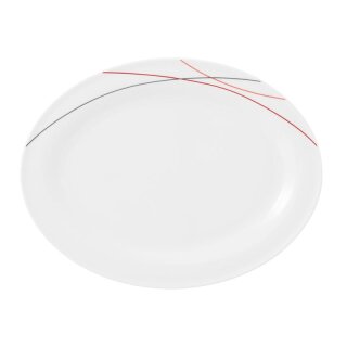 Porzellan Platte oval weiß dekoriert mit drei Linien in rot orange grau Länge einunddreißig zentimeter