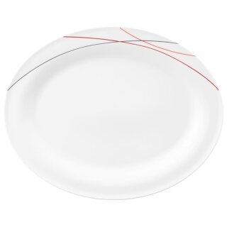 Porzellan Platte oval weiß dekoriert mit drei Linien in rot orange grau Länge fünfunddreißig zentimeter