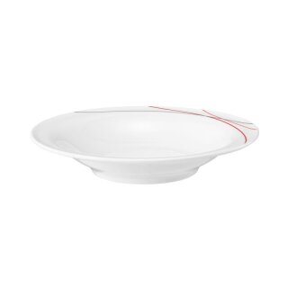 Porzellan Teller für Salat weiß dekoriert mit drei Linien in rot orange grau Durchmesser neunzehn zentimeter