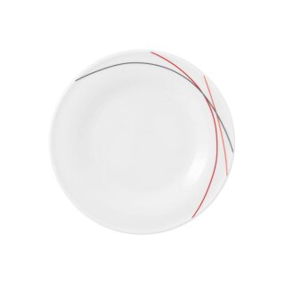Porzellan Teller für Kuchen weiß dekoriert mit drei Linien in rot orange grau Durchmesser siebzehn zentimeter